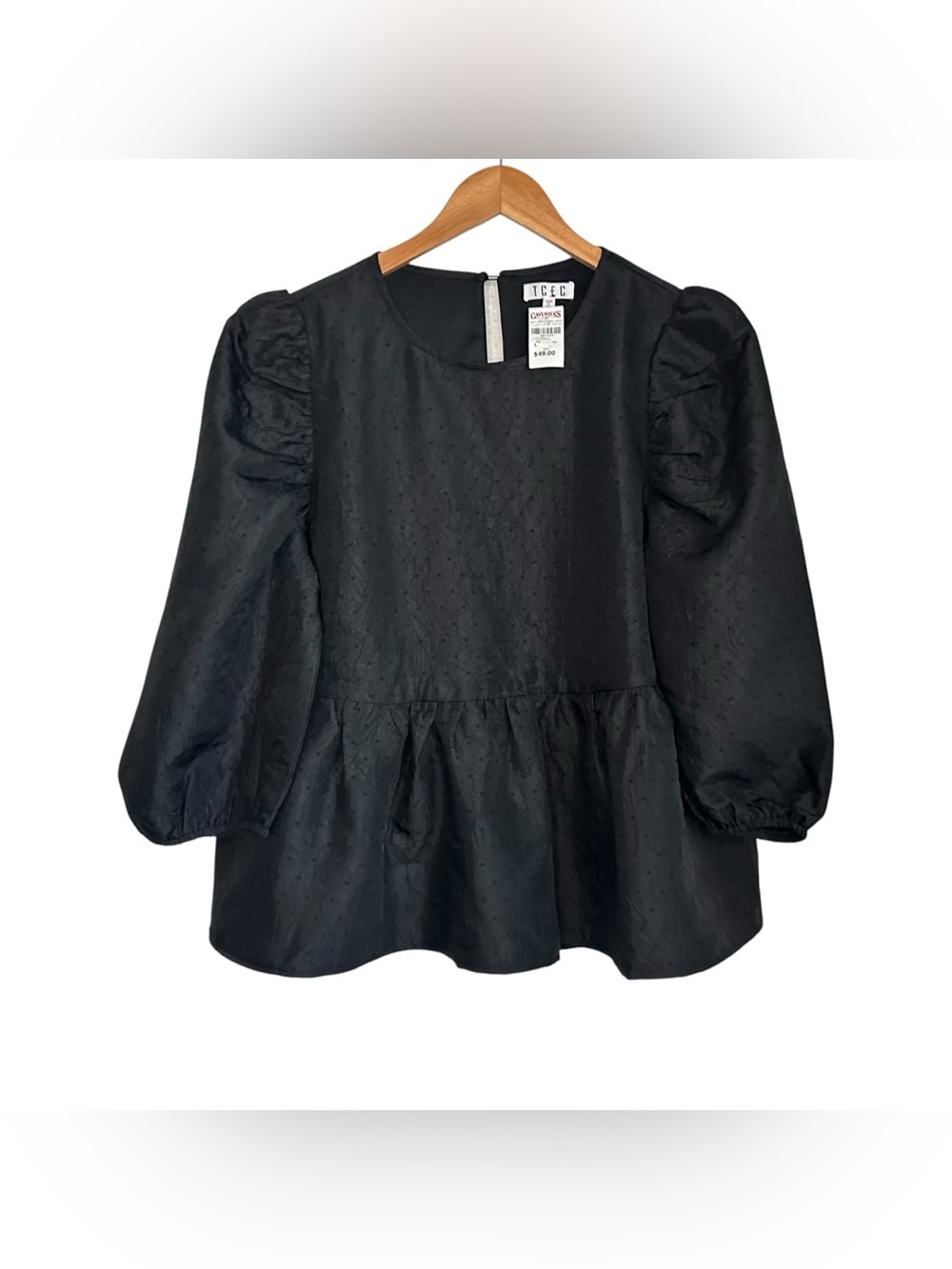 TCEC Womens Peplum 3/4 Puff Sleeve Top Sz Large Black New